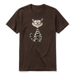A chocolate short-sleeve crewneck t-shirt for adult featuring a graphic of a cat on the front.