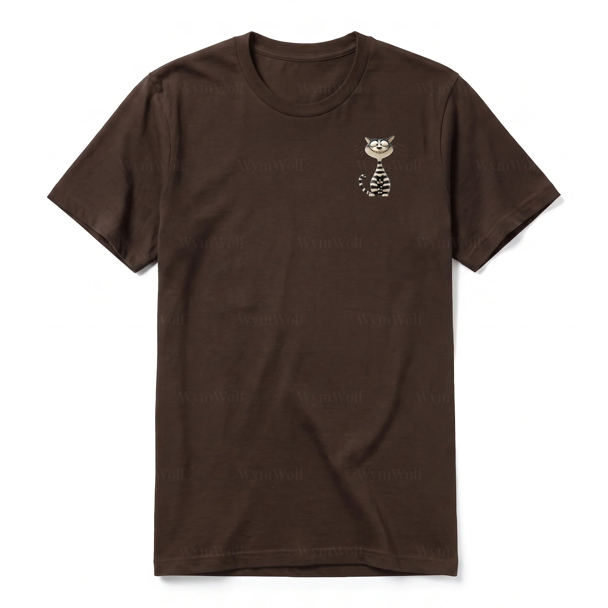 A chocolate short-sleeve crewneck t-shirt for adult featuring a graphic of a cat on the left chest.