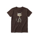 A chocolate short-sleeve crewneck t-shirt for youth featuring a graphic of a cat on the front.