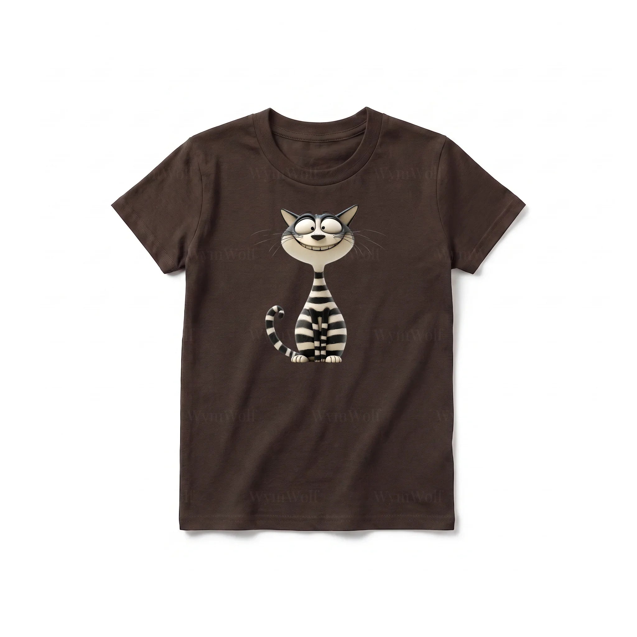 A chocolate short-sleeve crewneck t-shirt for youth featuring a graphic of a cat on the front.