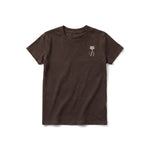 A chocolate short-sleeve crewneck t-shirt for youth featuring a graphic of a cat on the left chest.