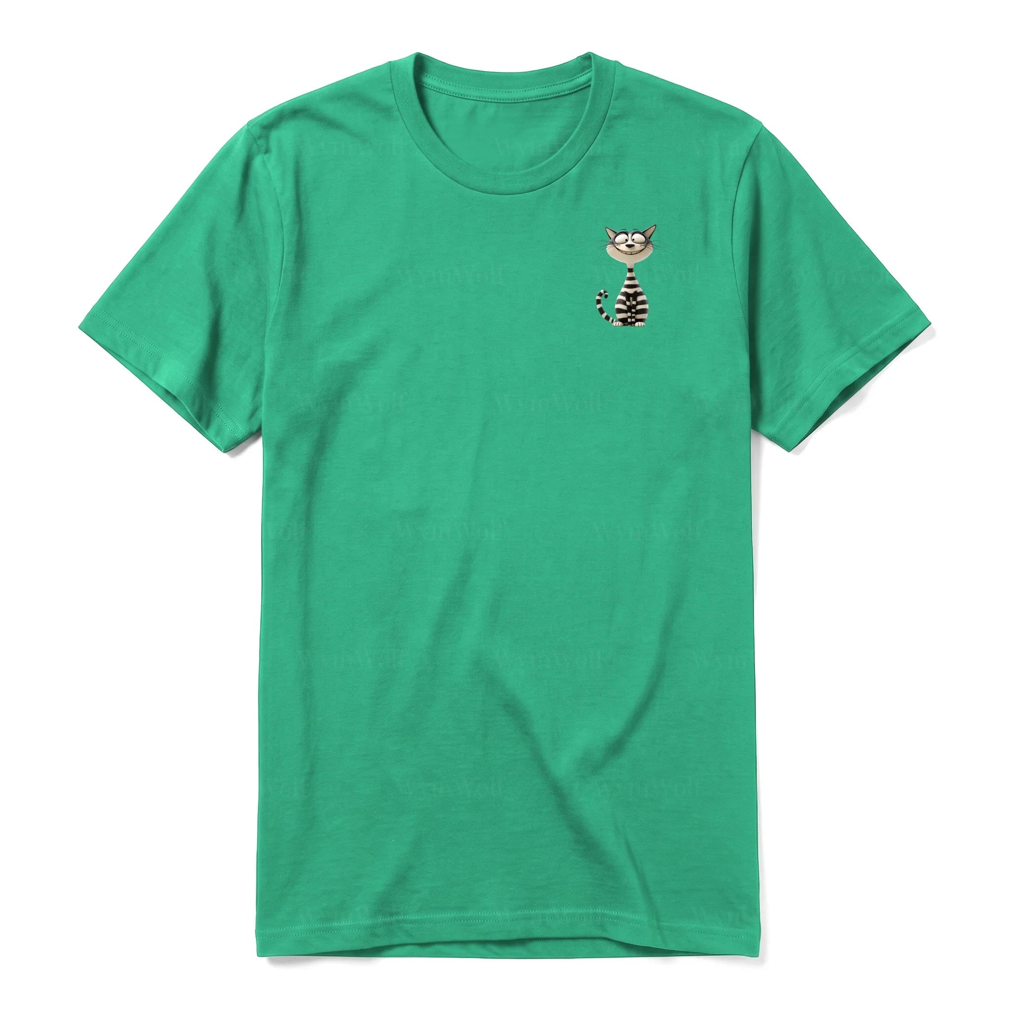 Un T-shirt kelly à manches courtes et col rond, orné d'un motif représentant un chat sur la poitrine gauche.