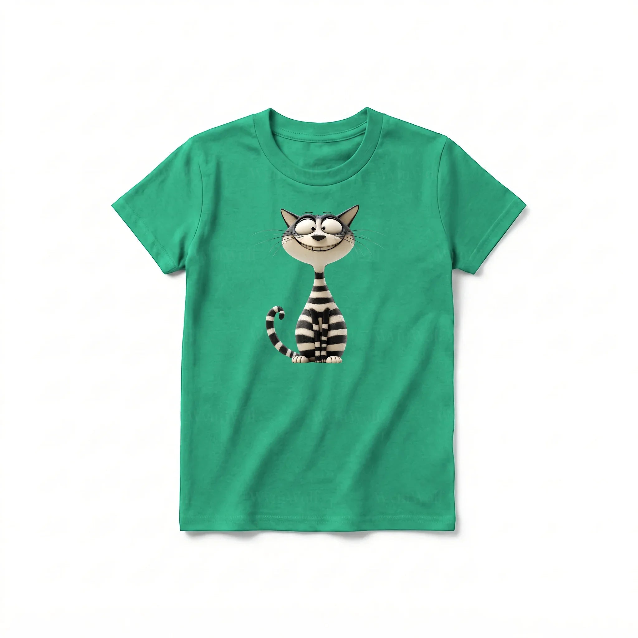 Un T-shirt kelly à manches courtes et col rond pour jeune, orné d'un motif représentant un chat sur le devant.