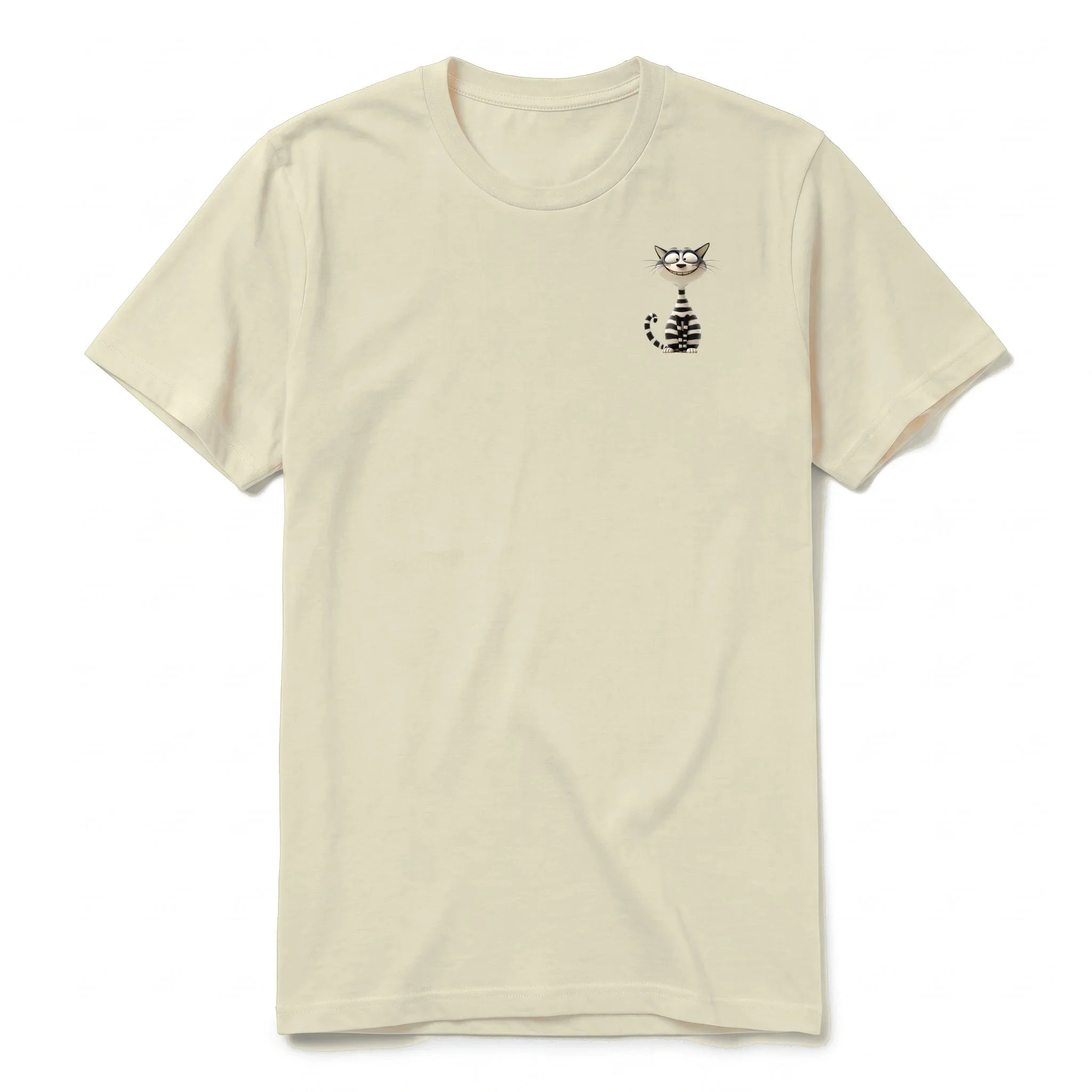 A latte short-sleeve crewneck t-shirt for adult featuring a graphic of a cat on the left chest.