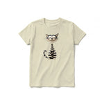 A latte short-sleeve crewneck t-shirt for youth featuring a graphic of a cat on the front.