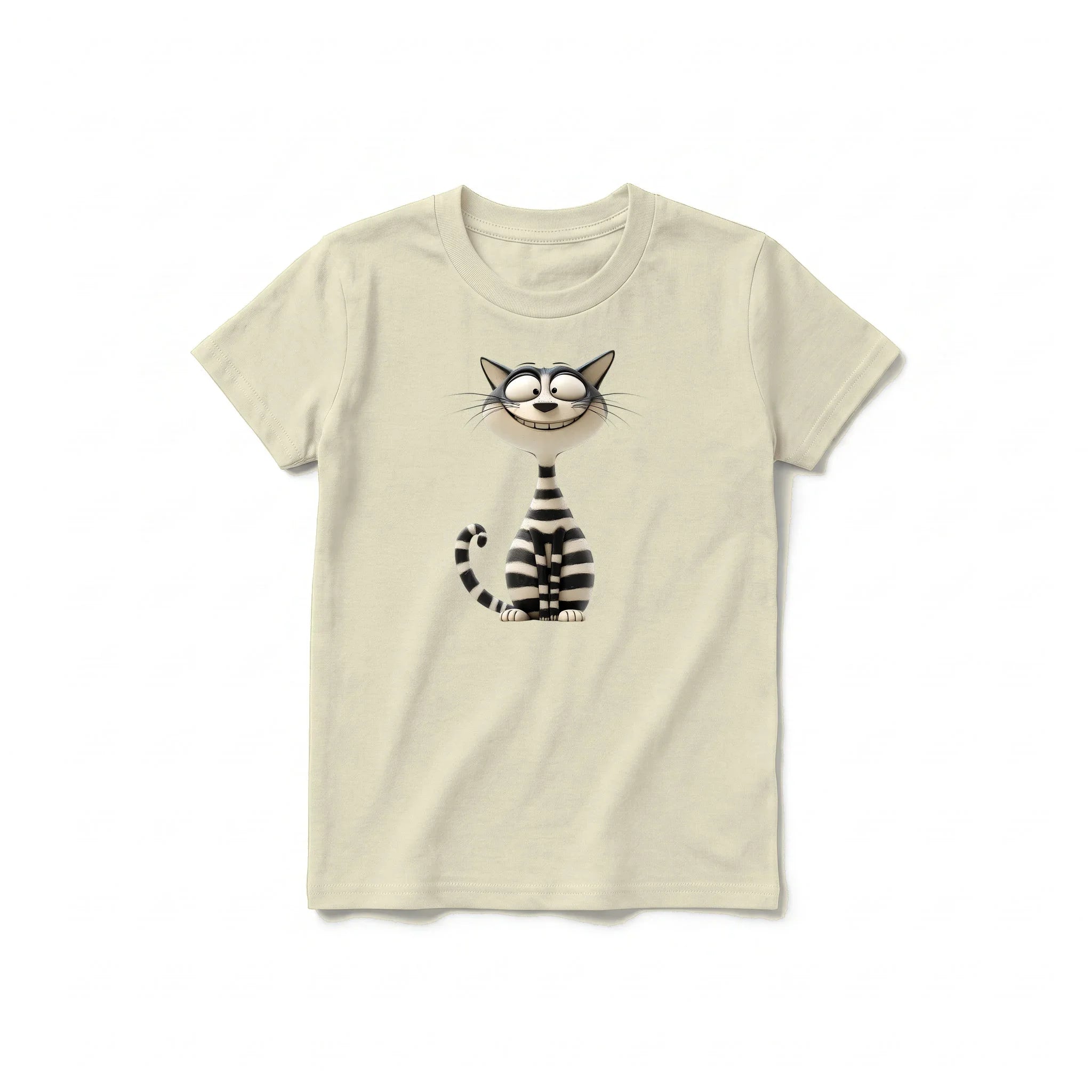 A latte short-sleeve crewneck t-shirt for youth featuring a graphic of a cat on the front.