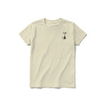 A latte short-sleeve crewneck t-shirt for youth featuring a graphic of a cat on the left chest.