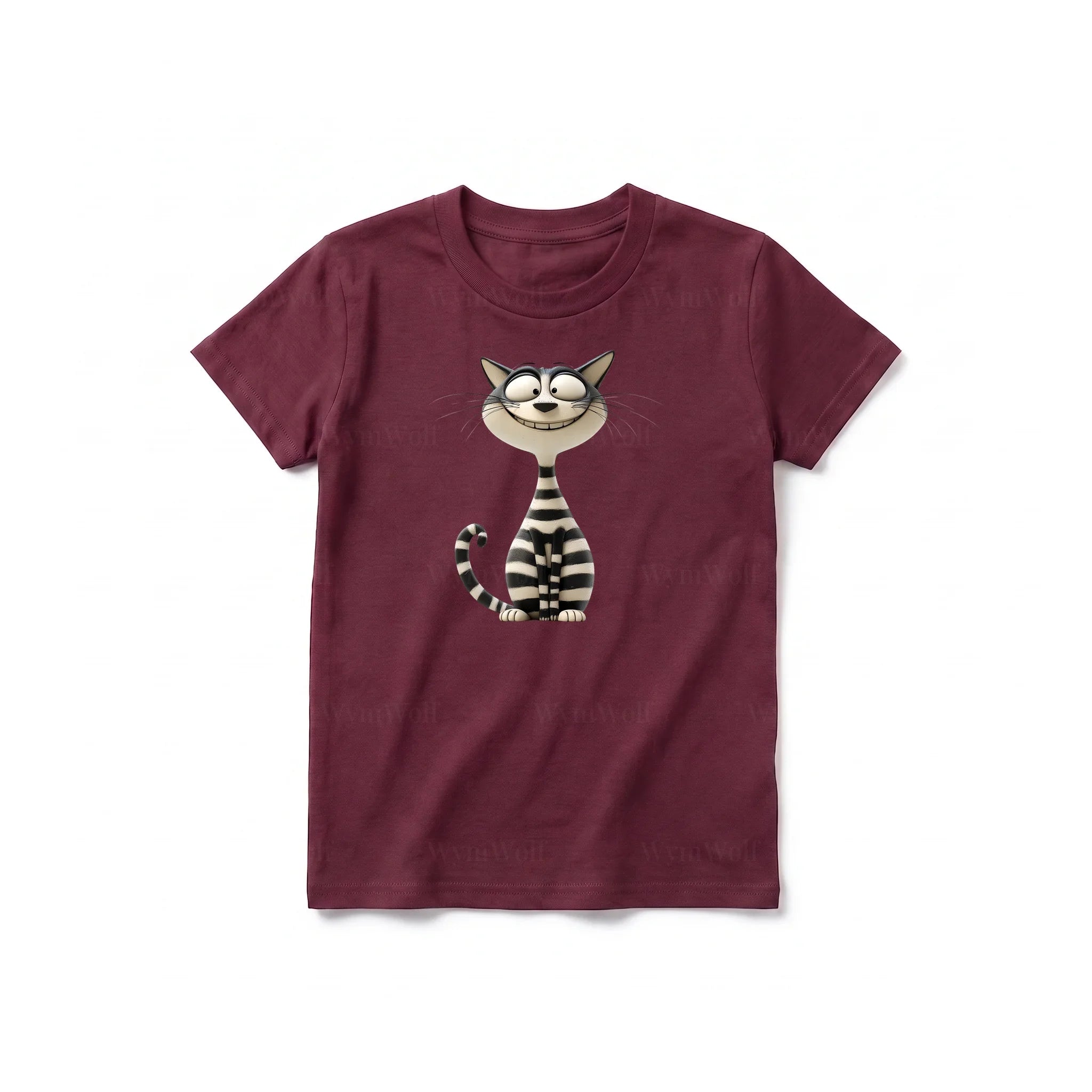 Un T-shirt marron à manches courtes et col rond pour jeune, orné d'un motif représentant un chat sur le devant.