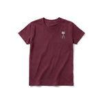 Un T-shirt marron à manches courtes et col rond pour jeune, orné d'un motif représentant un chat sur la poitrine gauche.