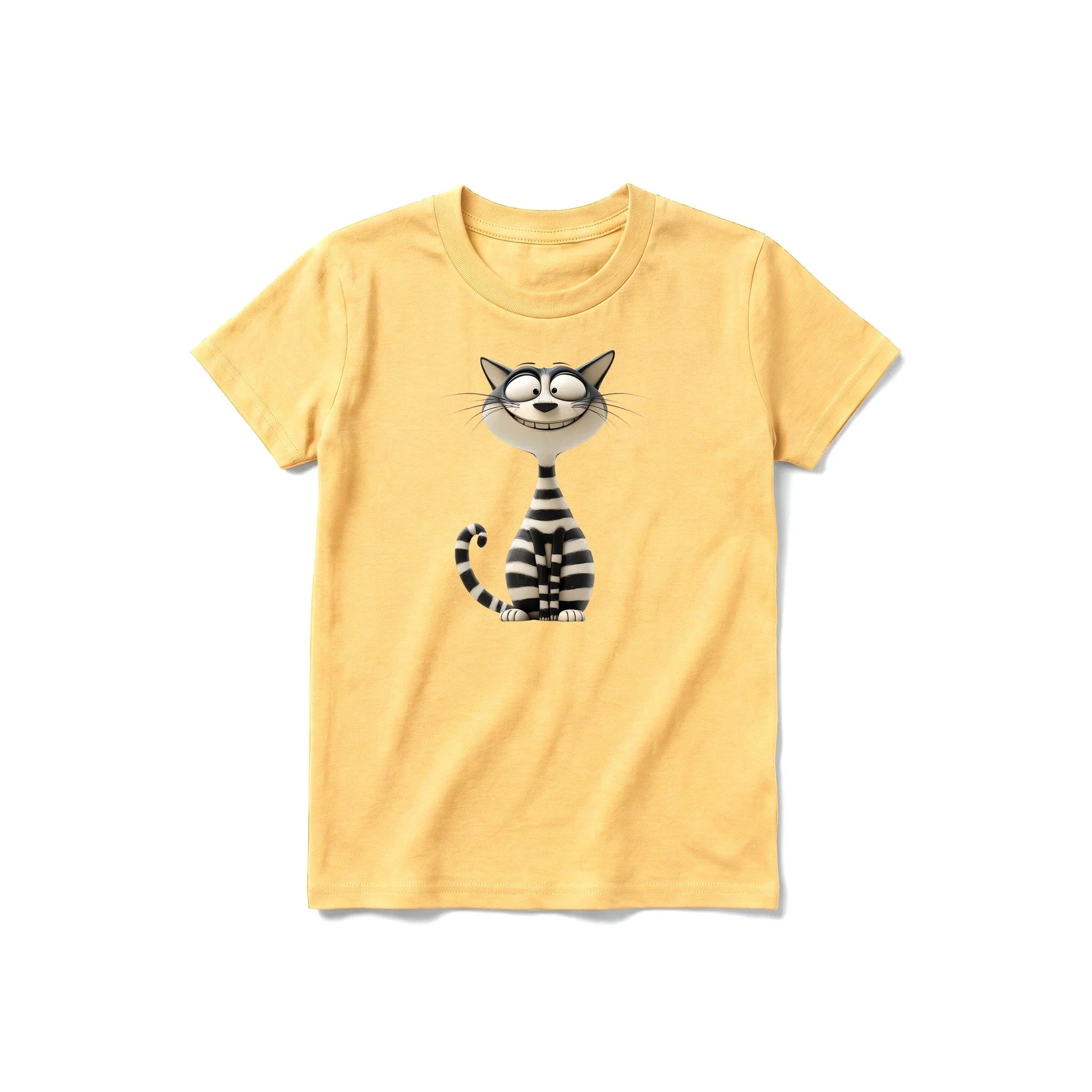 Un T-shirt moutarde à manches courtes et col rond pour jeune, orné d'un motif représentant un chat sur le devant.
