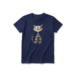 Un T-shirt marine à manches courtes et col rond pour jeune, orné d'un motif représentant un chat sur le devant.