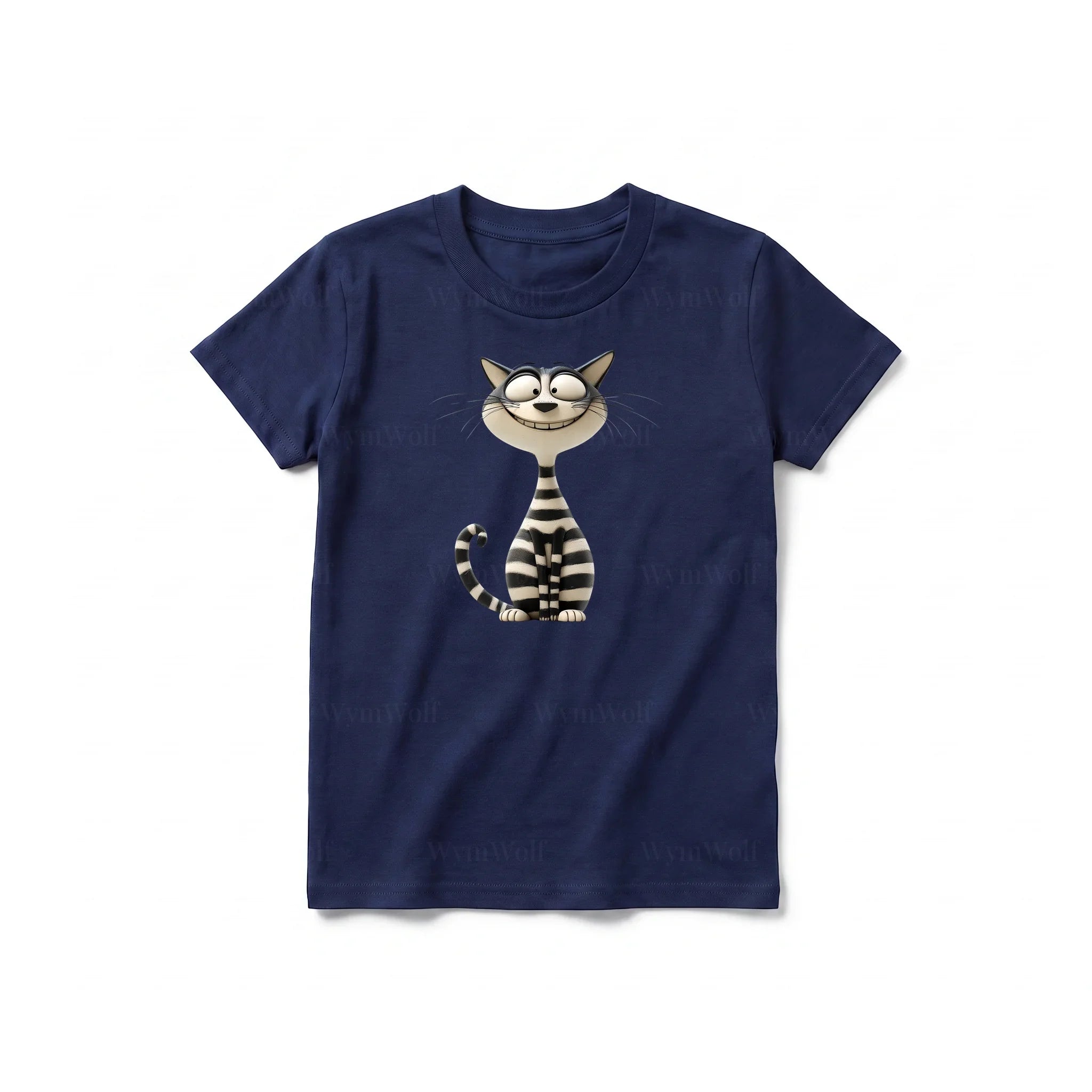 Un T-shirt marine à manches courtes et col rond pour jeune, orné d'un motif représentant un chat sur le devant.