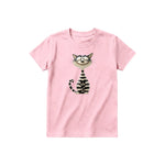A pink short-sleeve crewneck t-shirt for youth featuring a graphic of a cat on the front.
