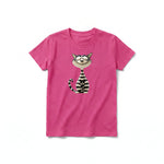 A raspberry short-sleeve crewneck t-shirt for youth featuring a graphic of a cat on the front.