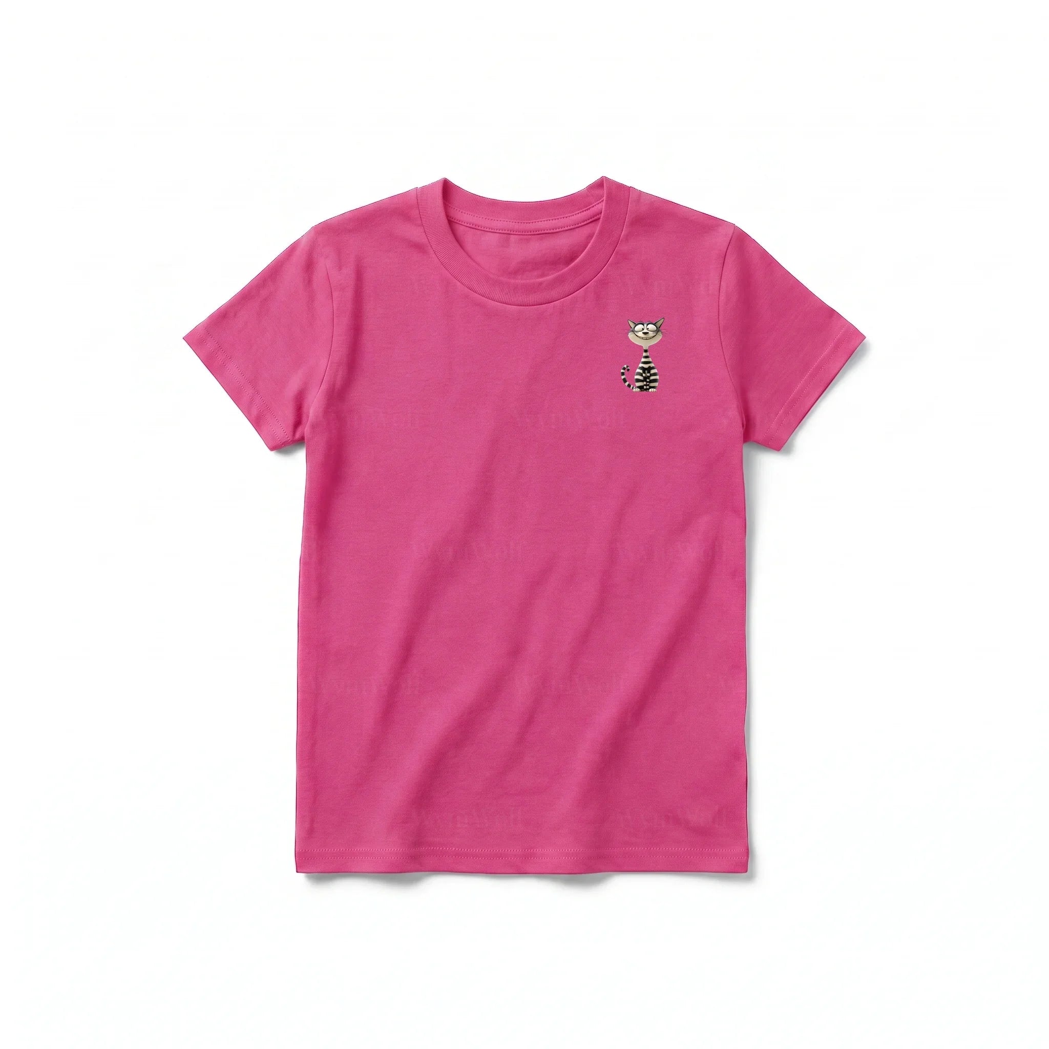 A raspberry short-sleeve crewneck t-shirt for youth featuring a graphic of a cat on the left chest.