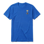 A royal short-sleeve crewneck t-shirt for adult featuring a graphic of a cat on the left chest.