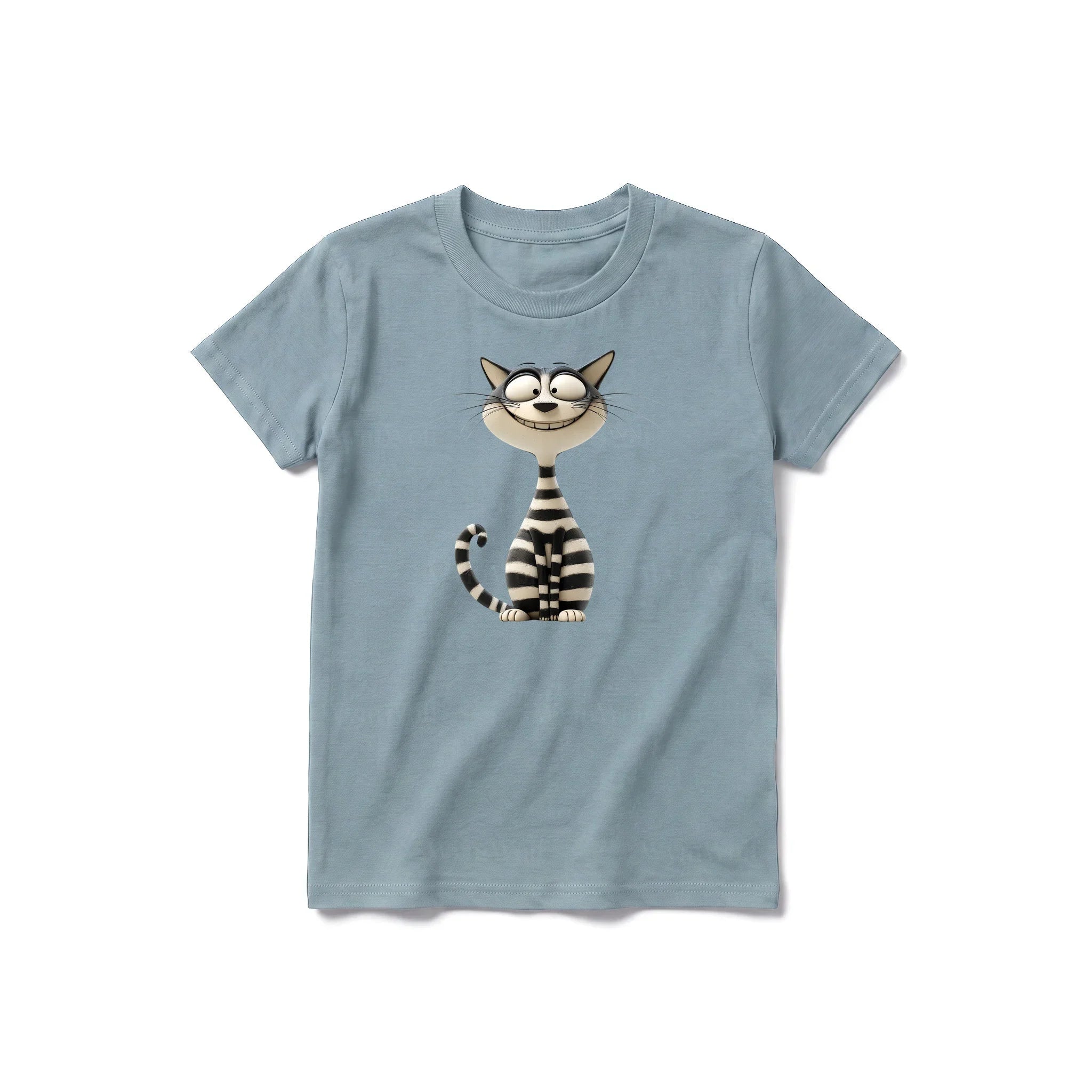 A sage short-sleeve crewneck t-shirt for youth featuring a graphic of a cat on the front.
