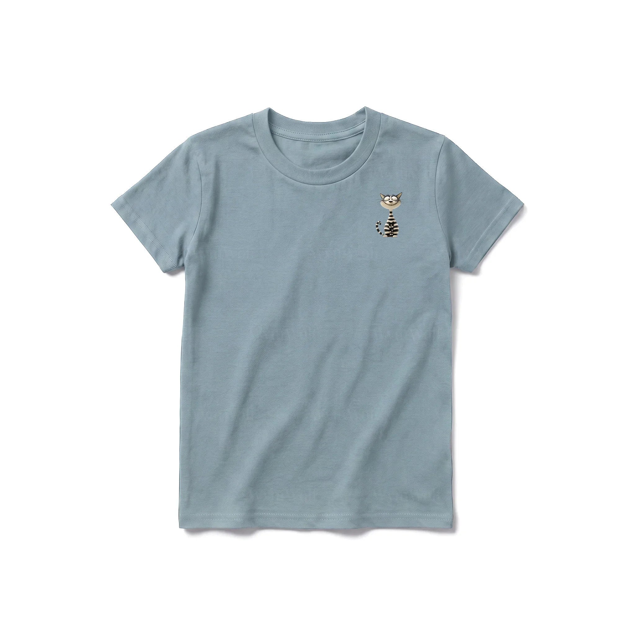 A sage short-sleeve crewneck t-shirt for youth featuring a graphic of a cat on the left chest.
