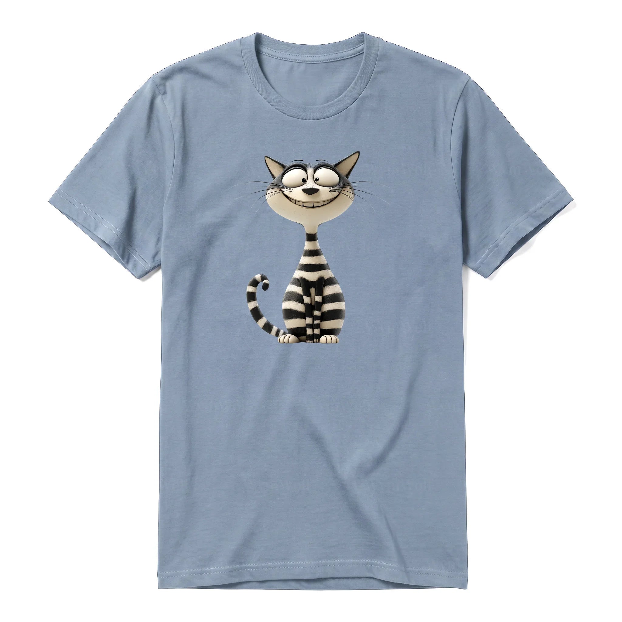 Un T-shirt steel-blue à manches courtes et col rond, orné d'un motif représentant un chat sur le devant.