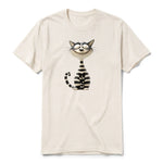 Un T-shirt blanc vintage à manches courtes et col rond, orné d'un motif représentant un chat sur le devant.