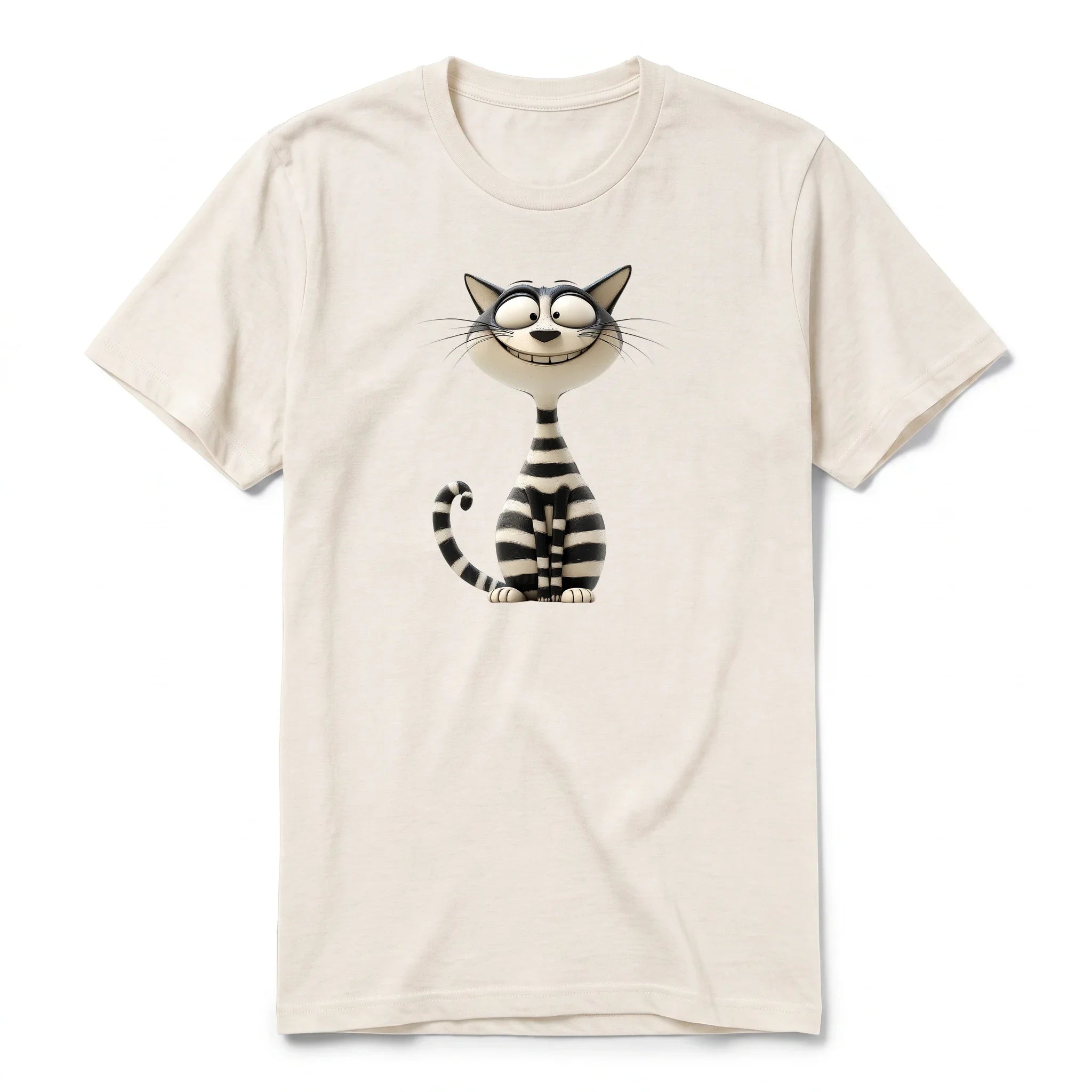 Un T-shirt blanc vintage à manches courtes et col rond, orné d'un motif représentant un chat sur le devant.