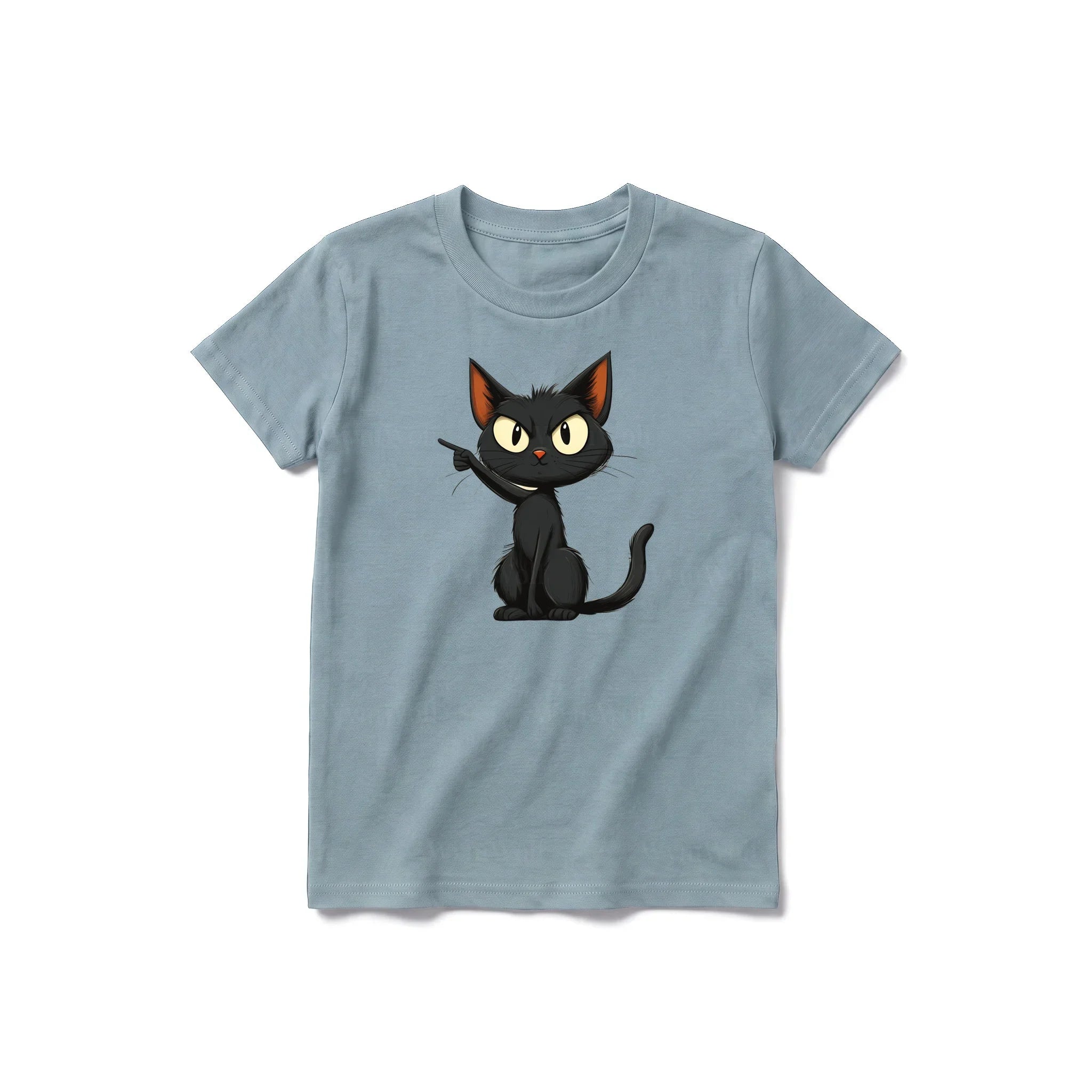 Un T-shirt sauge à manches courtes et col rond pour jeune, orné d'un motif représentant un chat sur le devant.