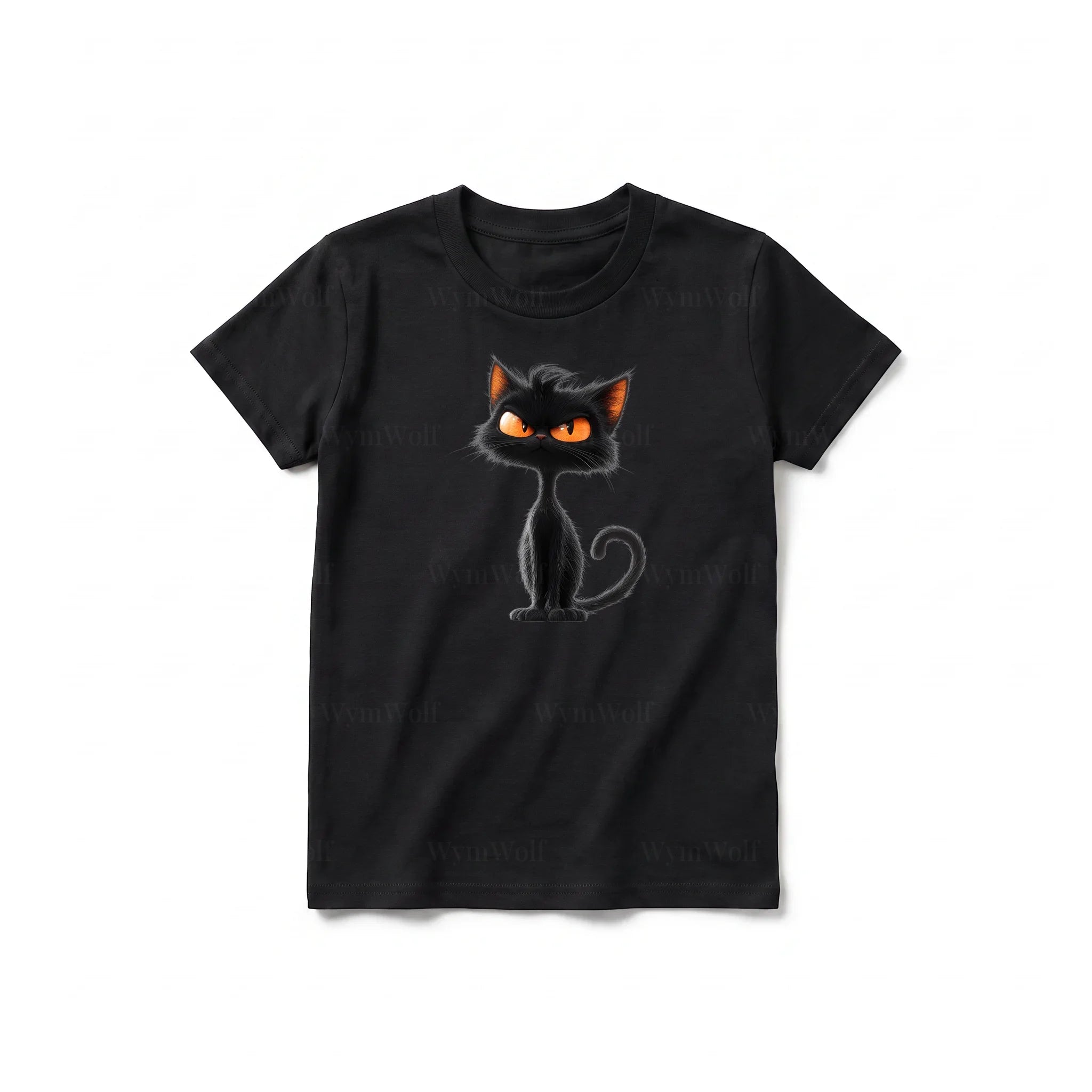 Un T-shirt noir à manches courtes et col rond pour jeune, orné d'un motif représentant un chat sur le devant.