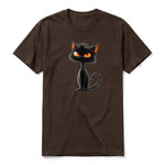 A chocolate short-sleeve crewneck t-shirt for adult featuring a graphic of a cat on the front.