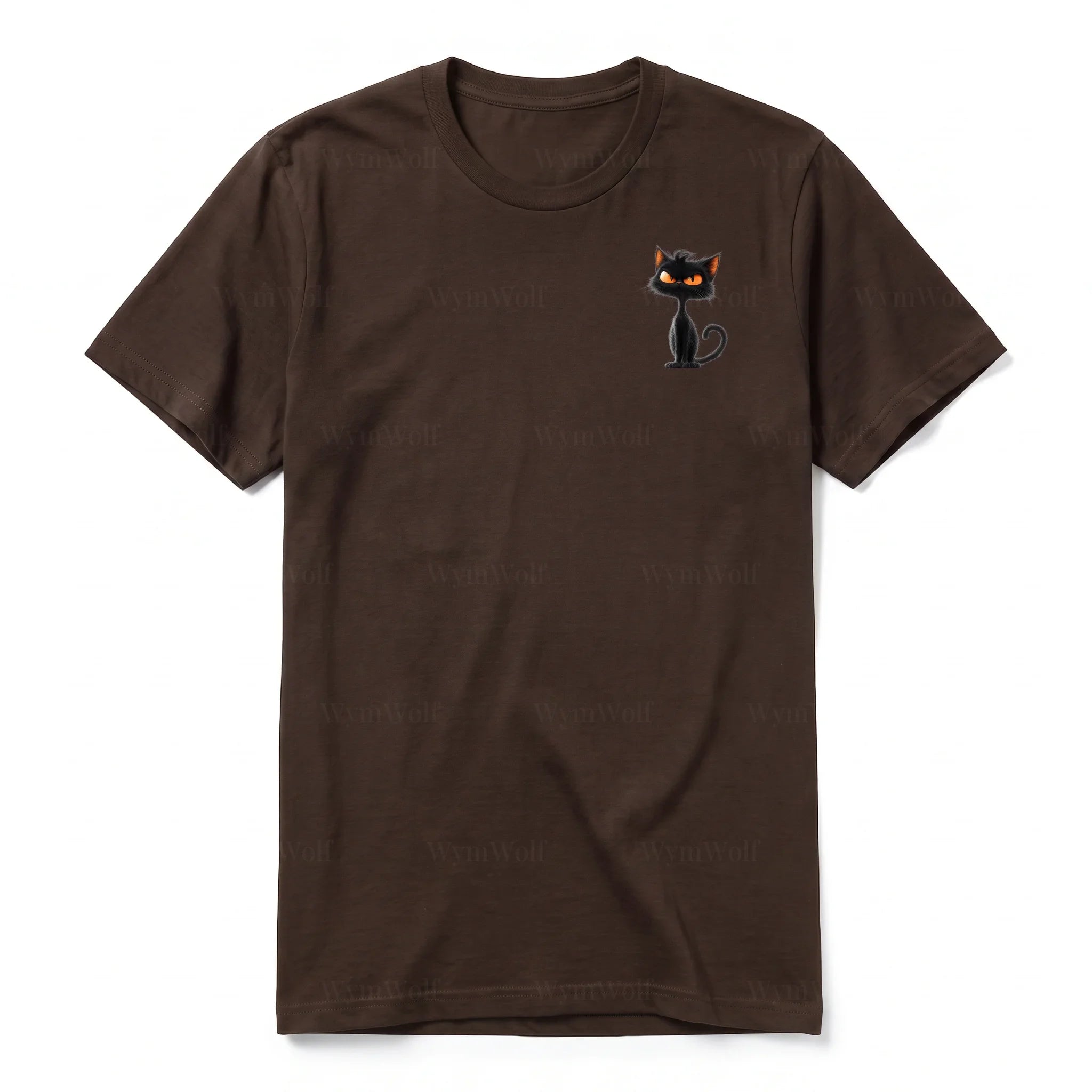 A chocolate short-sleeve crewneck t-shirt for adult featuring a graphic of a cat on the left chest.