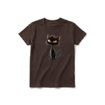 A chocolate short-sleeve crewneck t-shirt for youth featuring a graphic of a cat on the front.