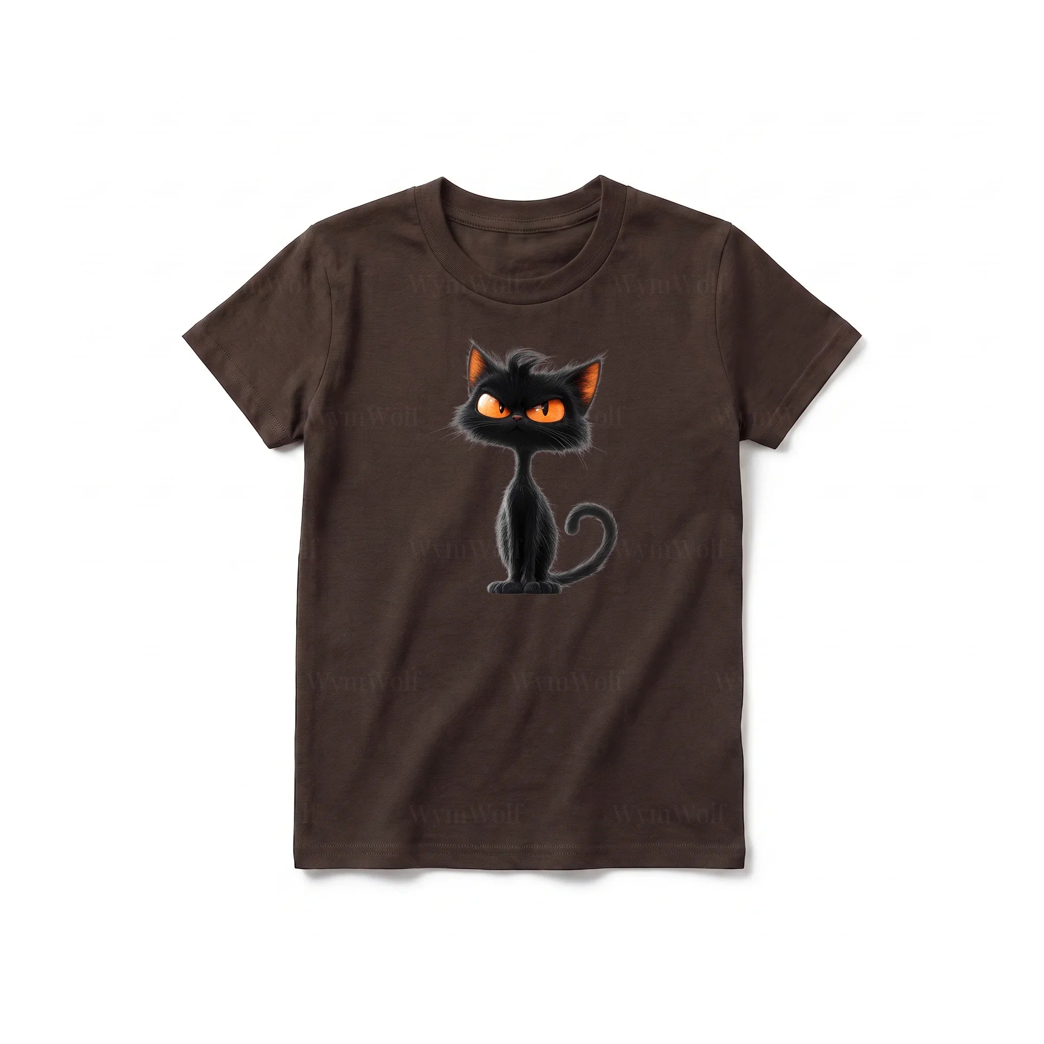 A chocolate short-sleeve crewneck t-shirt for youth featuring a graphic of a cat on the front.