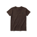 A chocolate short-sleeve crewneck t-shirt for youth featuring a graphic of a cat on the left chest.