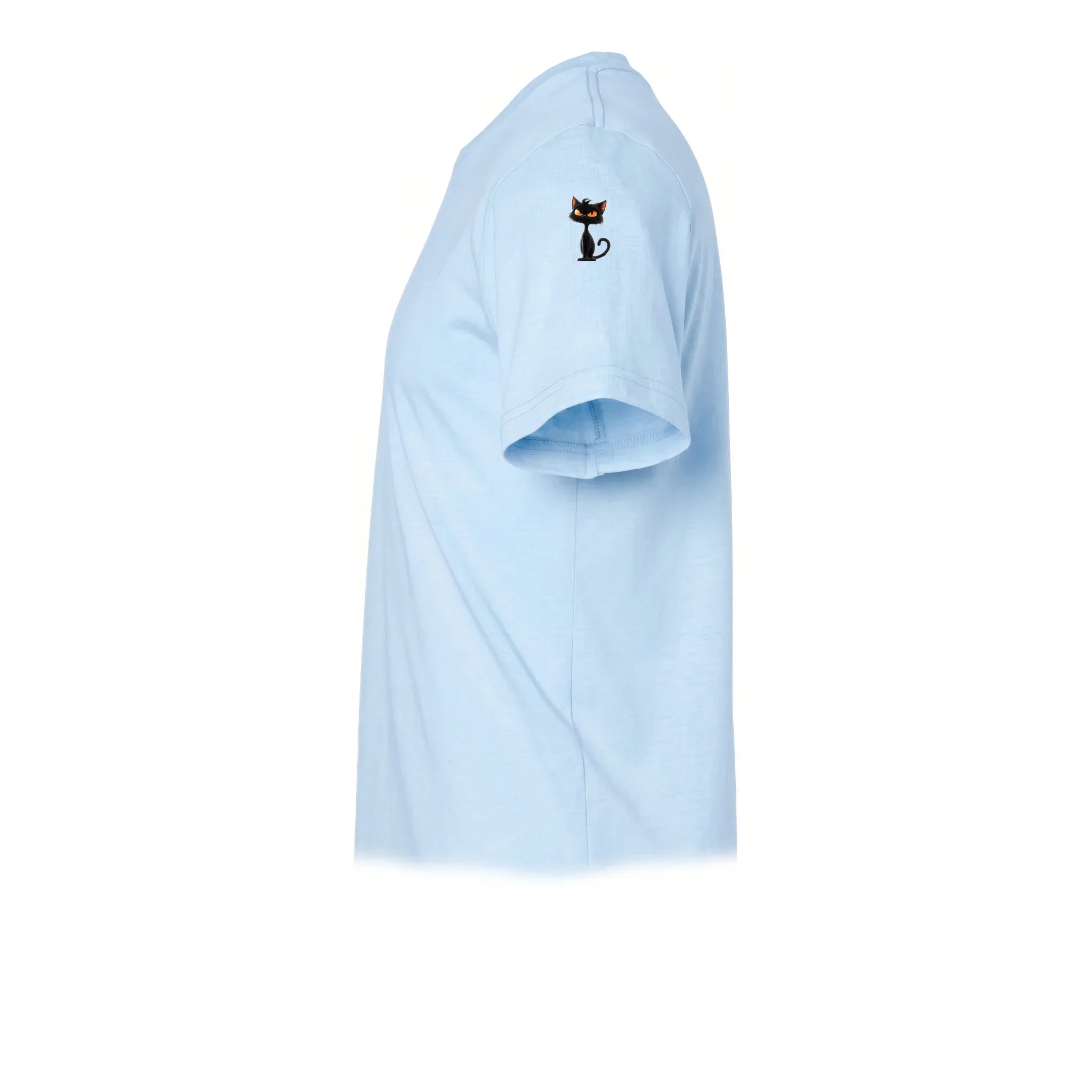 Un T-shirt poudre à manches courtes et col rond, orné d'un motif représentant un chat sur le haut de la manche gauche.