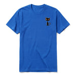 A royal short-sleeve crewneck t-shirt for adult featuring a graphic of a cat on the left chest.