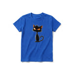 A royal short-sleeve crewneck t-shirt for youth featuring a graphic of a cat on the front.