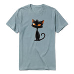 A sage short-sleeve crewneck t-shirt for adult featuring a graphic of a cat on the front.