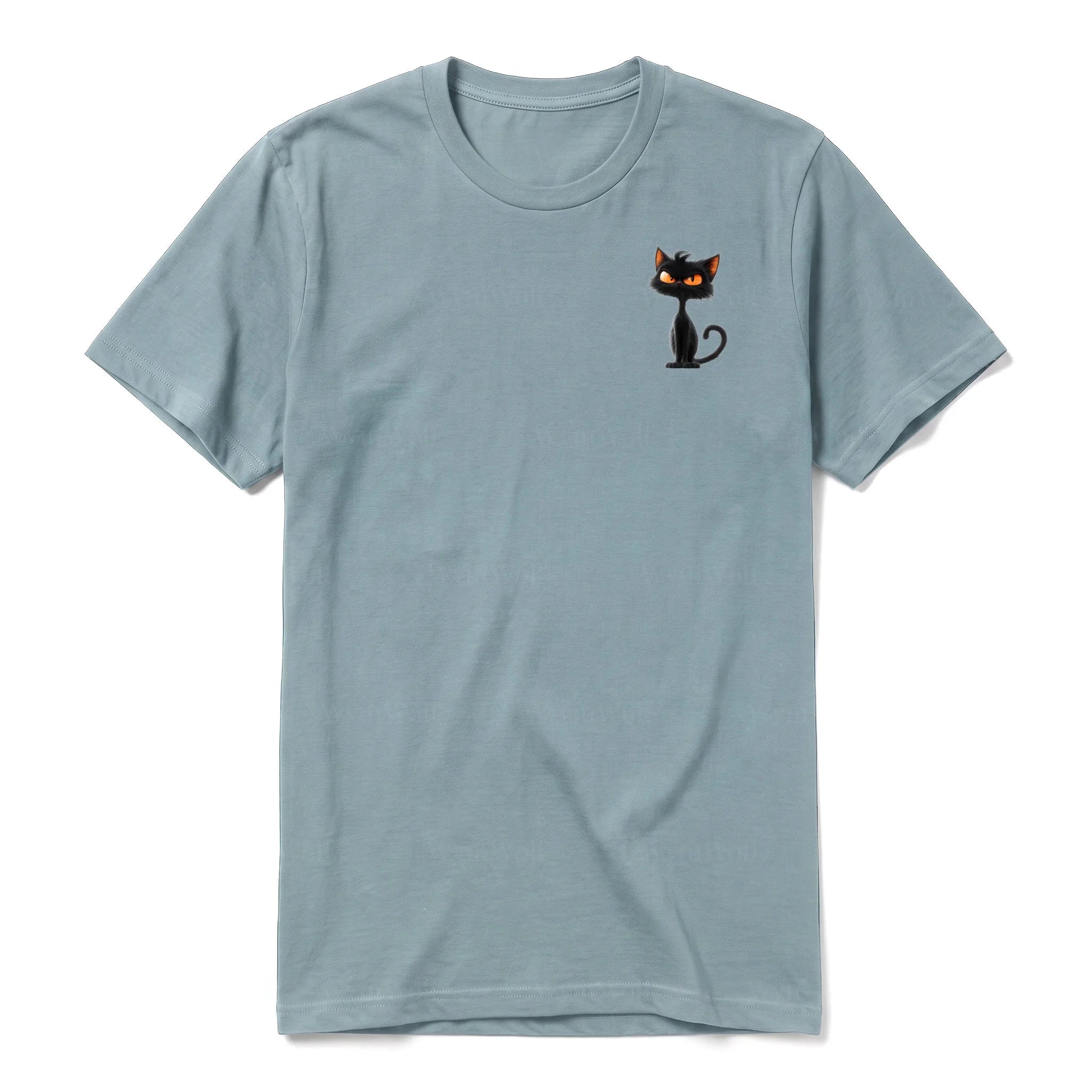 A sage short-sleeve crewneck t-shirt for adult featuring a graphic of a cat on the left chest.