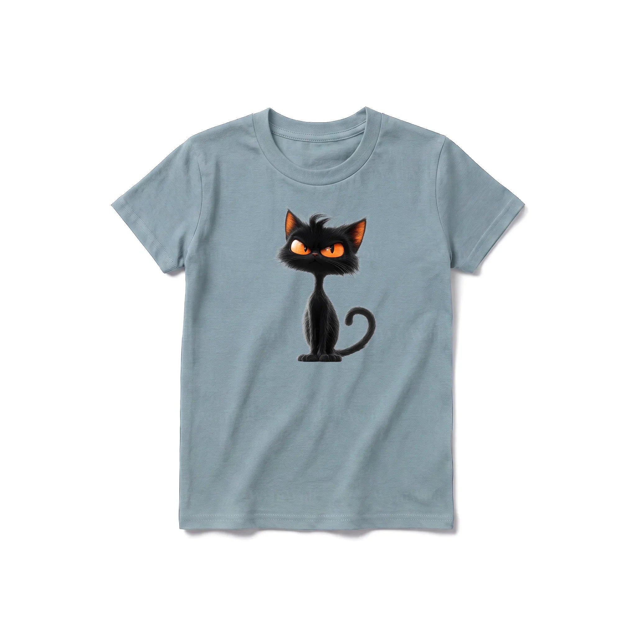 A sage short-sleeve crewneck t-shirt for youth featuring a graphic of a cat on the front.
