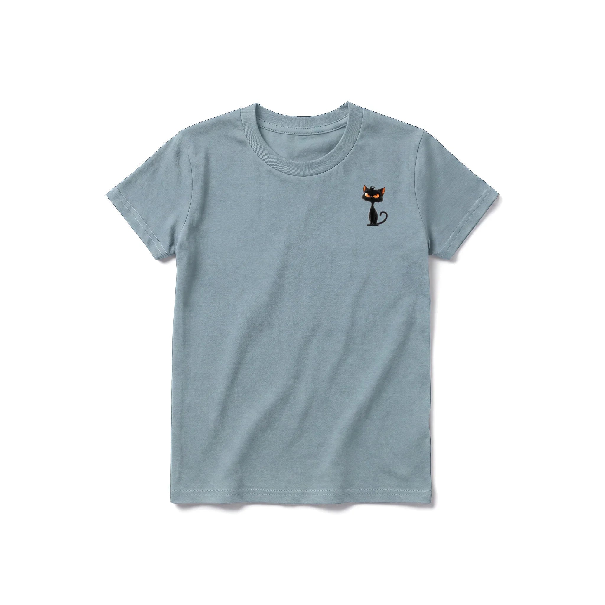 A sage short-sleeve crewneck t-shirt for youth featuring a graphic of a cat on the left chest.