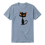 Un T-shirt steel-blue à manches courtes et col rond, orné d'un motif représentant un chat sur le devant.