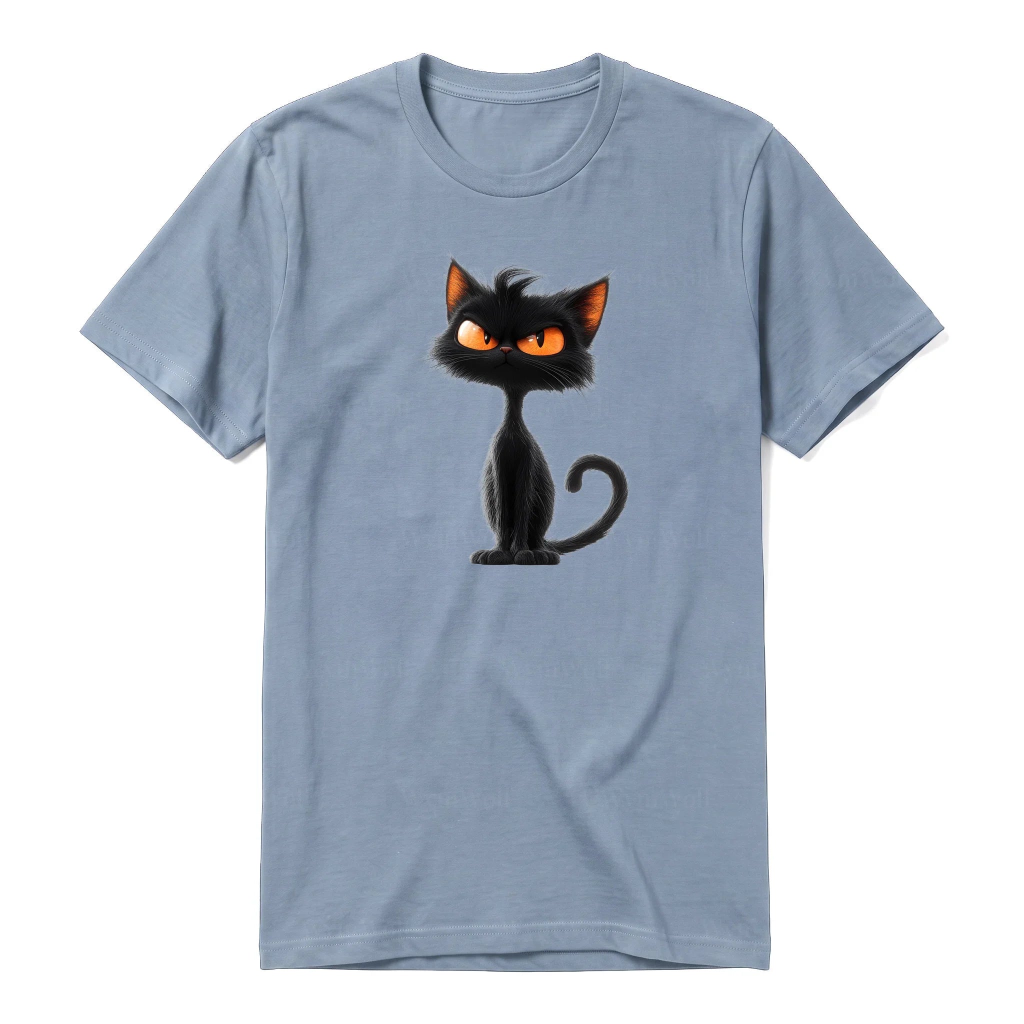 Un T-shirt steel-blue à manches courtes et col rond, orné d'un motif représentant un chat sur le devant.