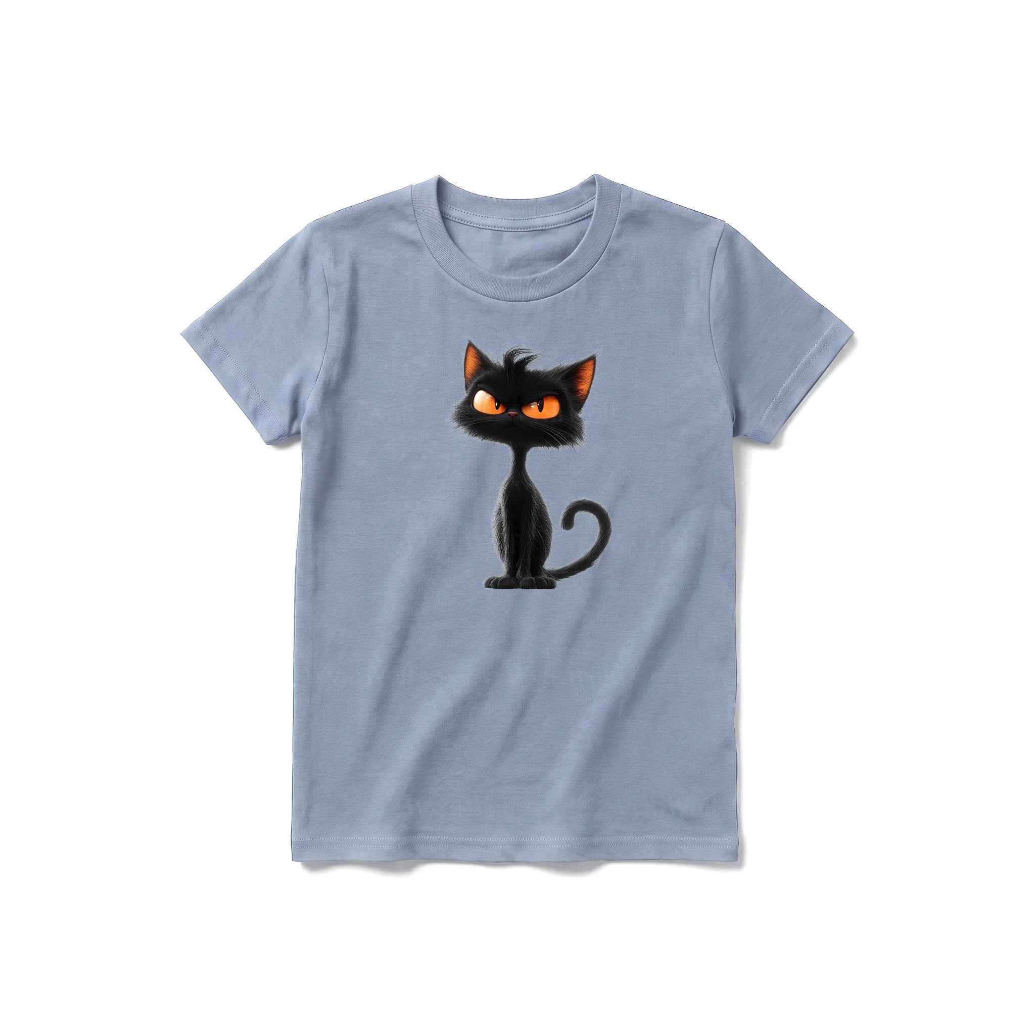 Un T-shirt steel-blue à manches courtes et col rond pour jeune, orné d'un motif représentant un chat sur le devant.