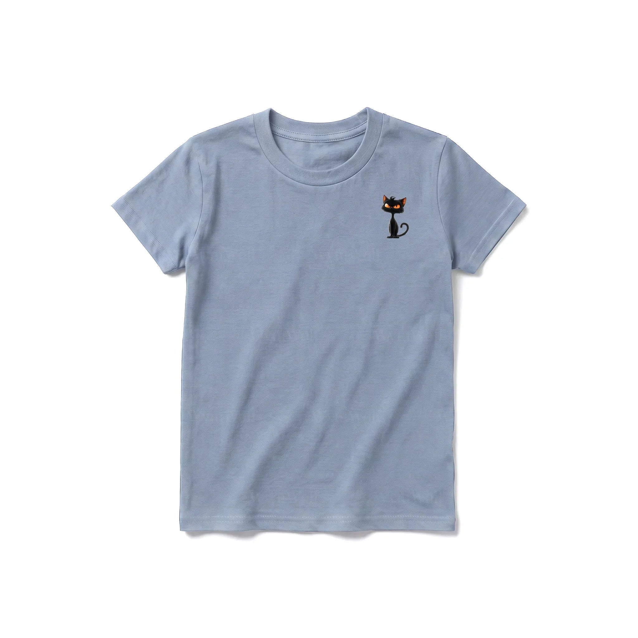 Un T-shirt steel-blue à manches courtes et col rond pour jeune, orné d'un motif représentant un chat sur la poitrine gauche.
