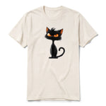 Un T-shirt blanc vintage à manches courtes et col rond, orné d'un motif représentant un chat sur le devant.