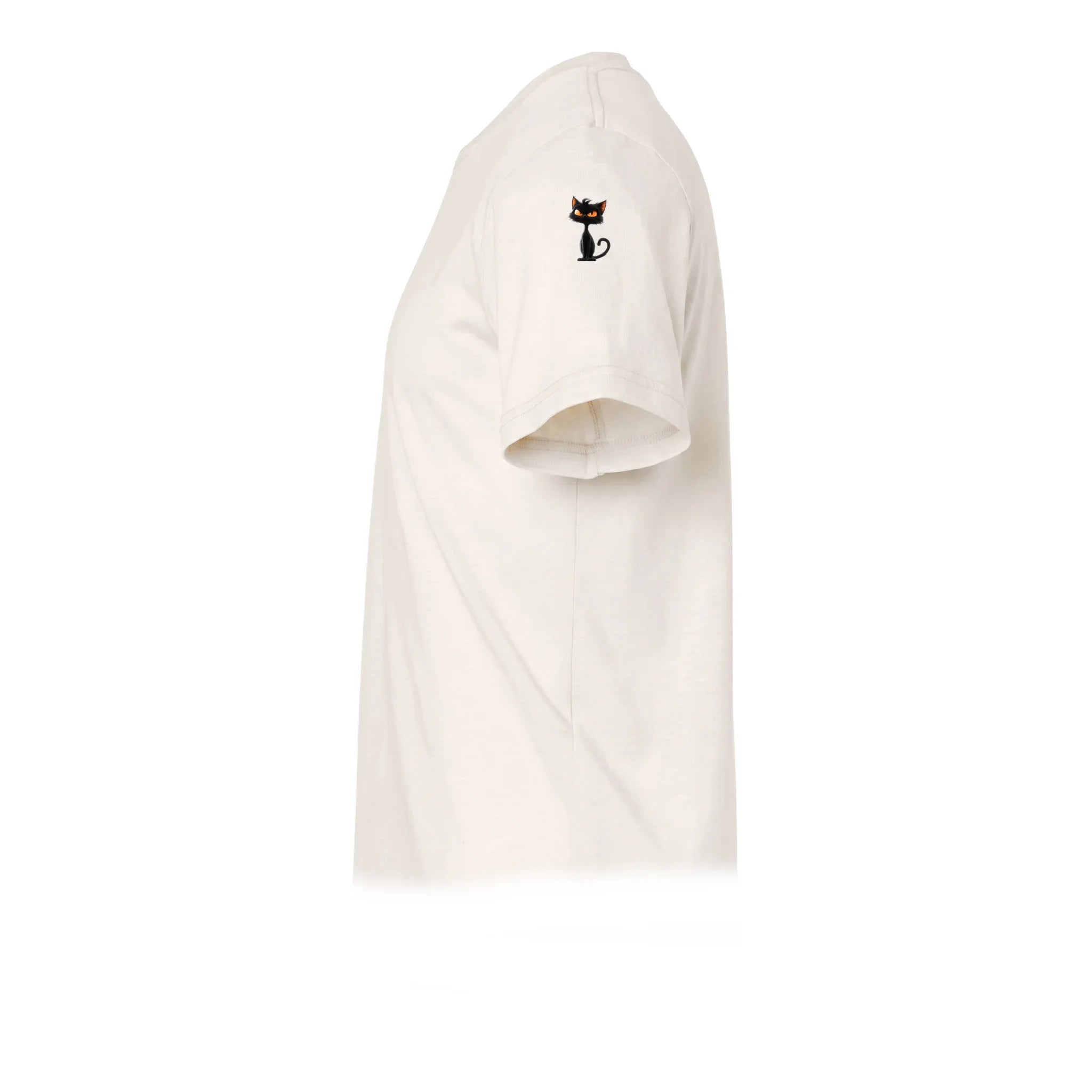 Un T-shirt blanc vintage à manches courtes et col rond, orné d'un motif représentant un chat sur le haut de la manche gauche.