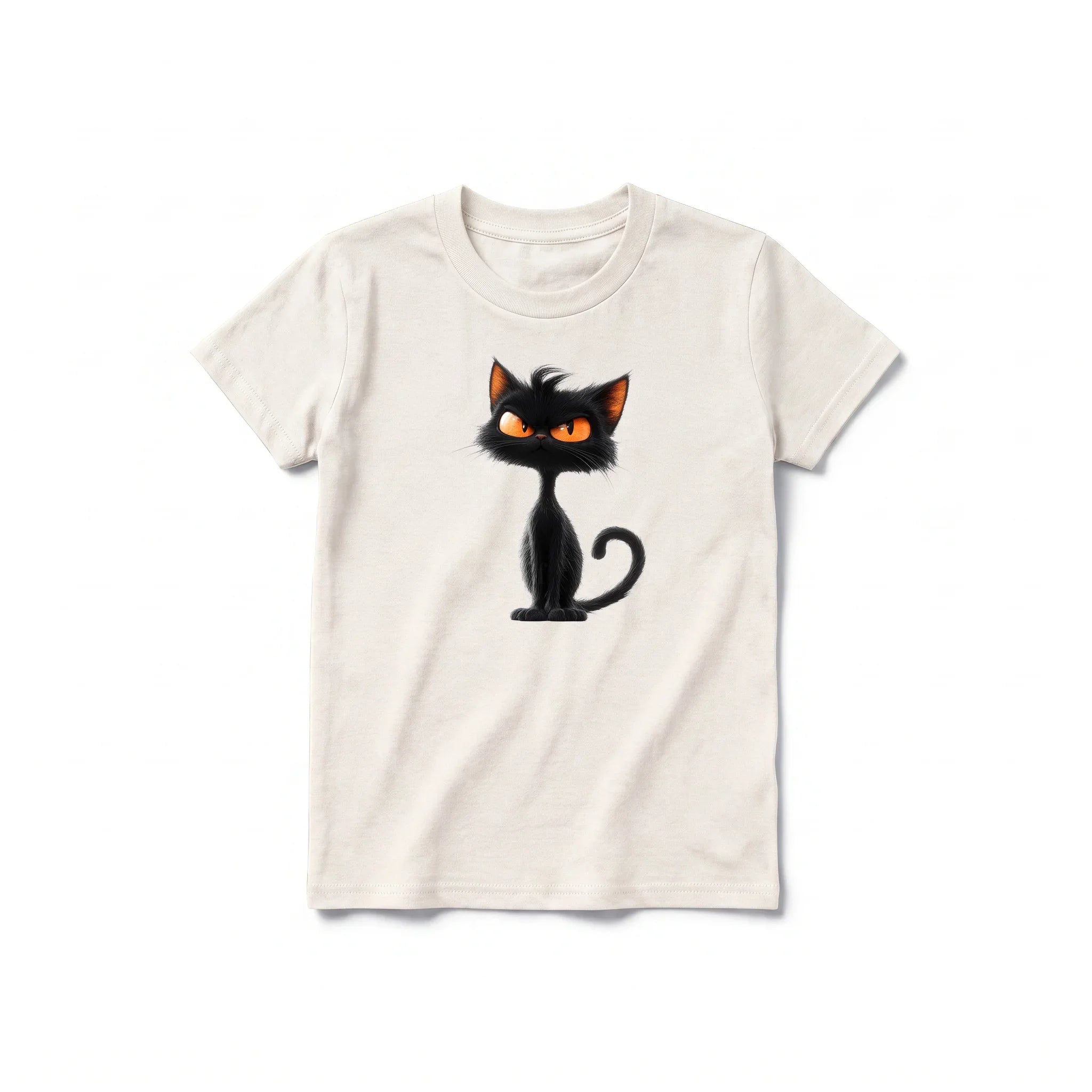 Un T-shirt blanc vintage à manches courtes et col rond pour jeune, orné d'un motif représentant un chat sur le devant.