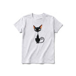 A ash grey short-sleeve crewneck t-shirt for youth featuring a graphic of a cat on the front.
