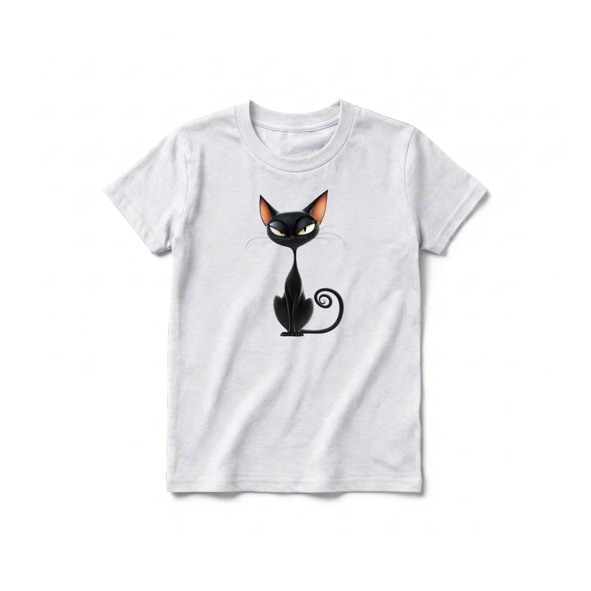 A ash grey short-sleeve crewneck t-shirt for youth featuring a graphic of a cat on the front.
