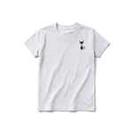 A ash grey short-sleeve crewneck t-shirt for youth featuring a graphic of a cat on the left chest.