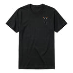 A black short-sleeve crewneck t-shirt for adult featuring a graphic of a cat on the left chest.